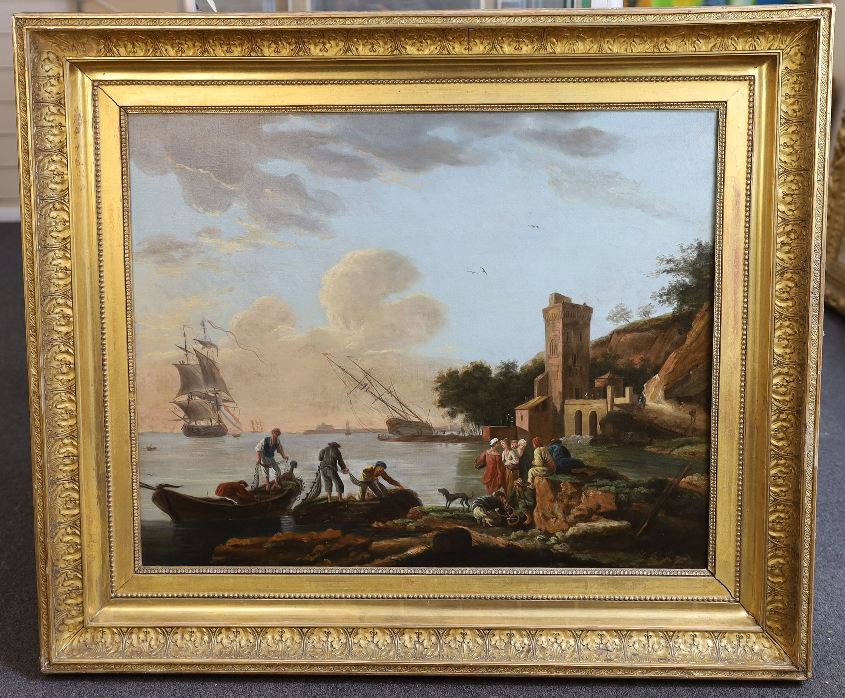 Flore Marescaille de Caffort (French, 1778-1846), Claudian style harbour scenes with figures dis-embarking and fisherfolk, pair of oils on canvas, 64 x 79cm